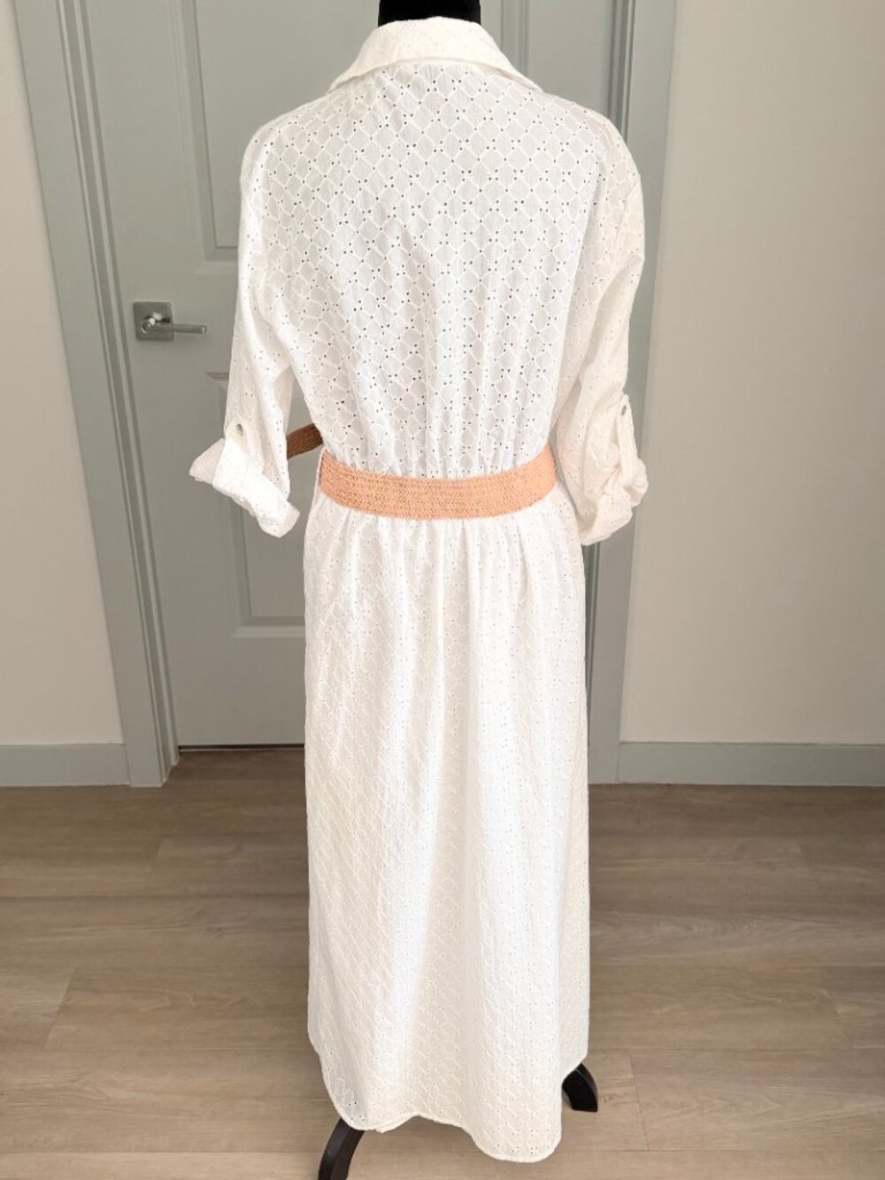 ZARA White Lined Eyelet Belted Button Up Midi Dress Roll Tab Sleeve Sz Lg - Picture 2 of 10